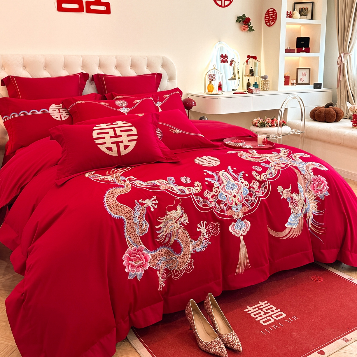 91家纺网 家纺一手货源 找家纺 置顶家纺 2025新款亲肤刺绣婚庆磨毛四件套 锦绣龙凤-大红