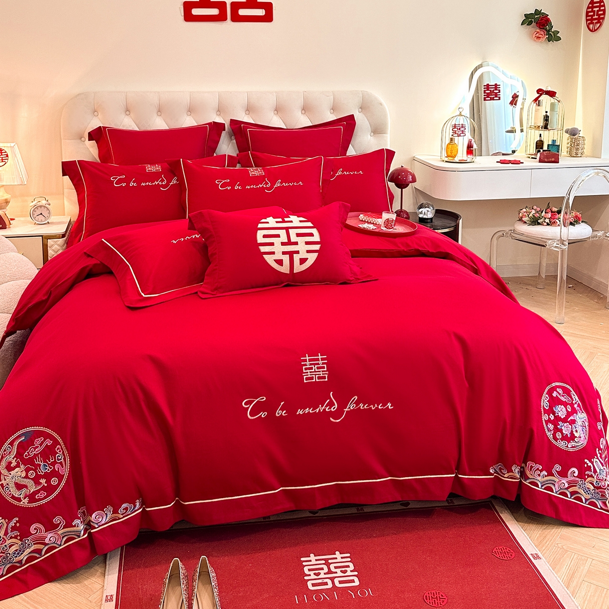 91家纺网 家纺一手货源 找家纺 置顶家纺 2025新款亲肤刺绣婚庆磨毛四件套 龙凤呈祥-大红