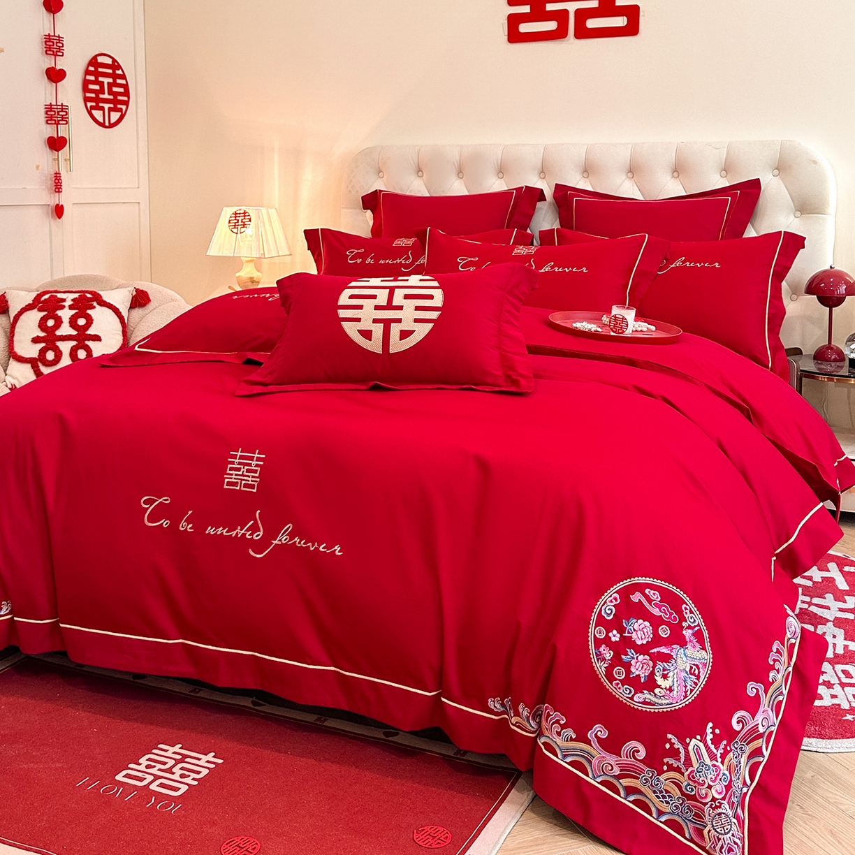 91家纺网 家纺一手货源 找家纺 置顶家纺 2025新款亲肤刺绣婚庆磨毛四件套 龙凤呈祥-大红