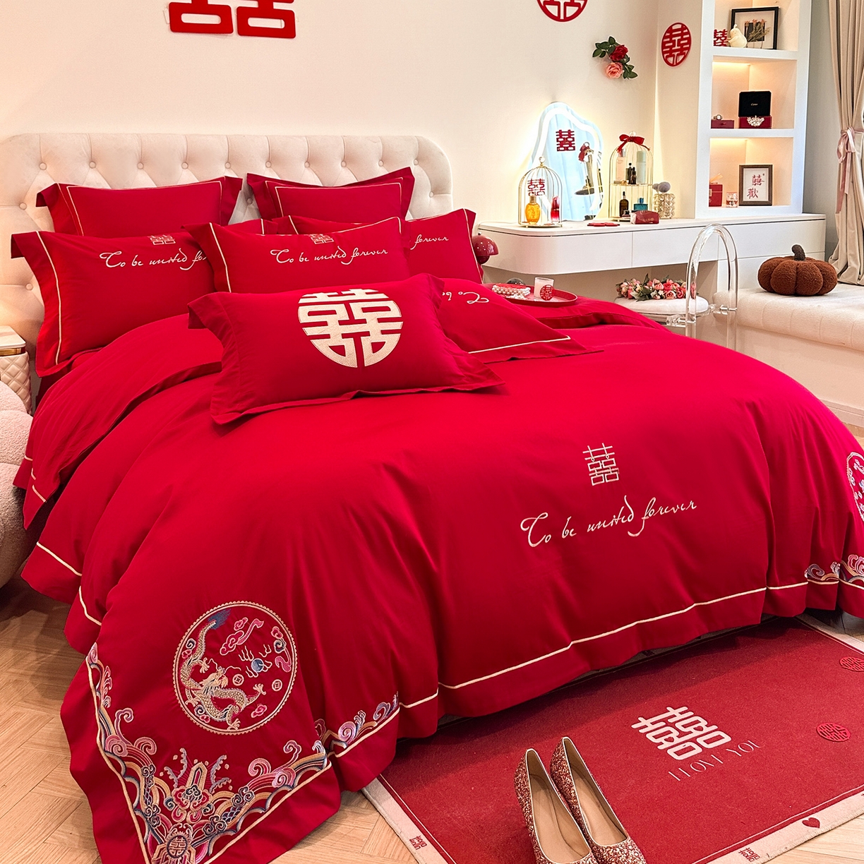 91家纺网 家纺一手货源 找家纺 置顶家纺 2025新款亲肤刺绣婚庆磨毛四件套 龙凤呈祥-大红