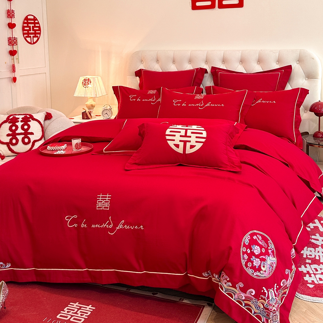 91家纺网 家纺一手货源 找家纺 置顶家纺 2025新款亲肤刺绣婚庆磨毛四件套 龙凤呈祥-大红