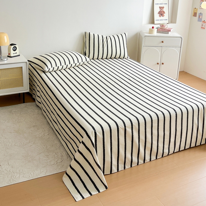 91家纺网 家纺一手货源 找家纺 感遇 2025新款全棉磨毛A类床单床笠三件套 黑条纹