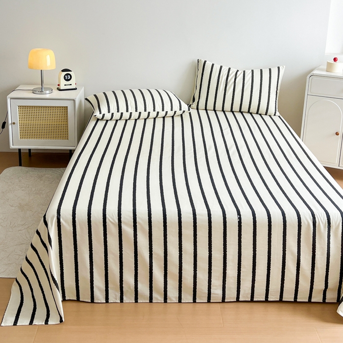 91家纺网 家纺一手货源 找家纺 感遇 2025新款全棉磨毛A类床单床笠三件套 黑条纹