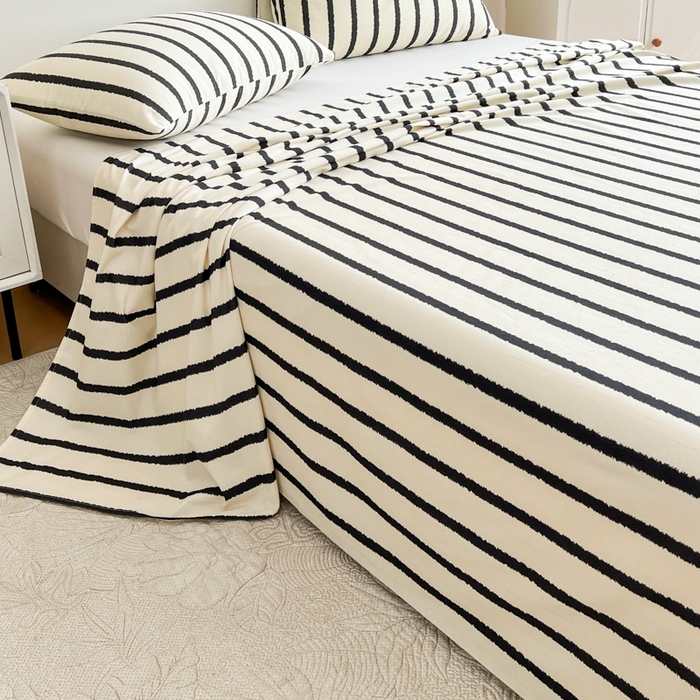 91家纺网 家纺一手货源 找家纺 感遇 2025新款全棉磨毛A类床单床笠三件套 黑条纹