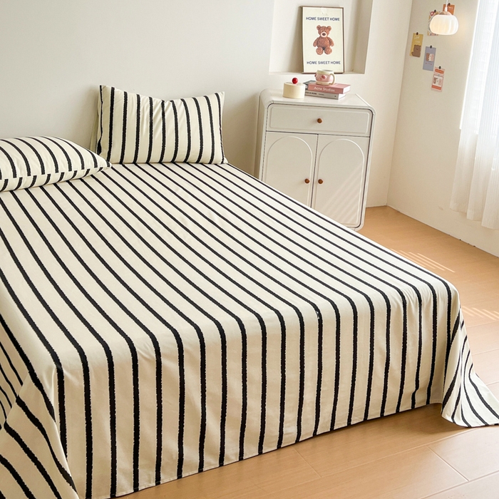 91家纺网 家纺一手货源 找家纺 感遇 2025新款全棉磨毛A类床单床笠三件套 黑条纹