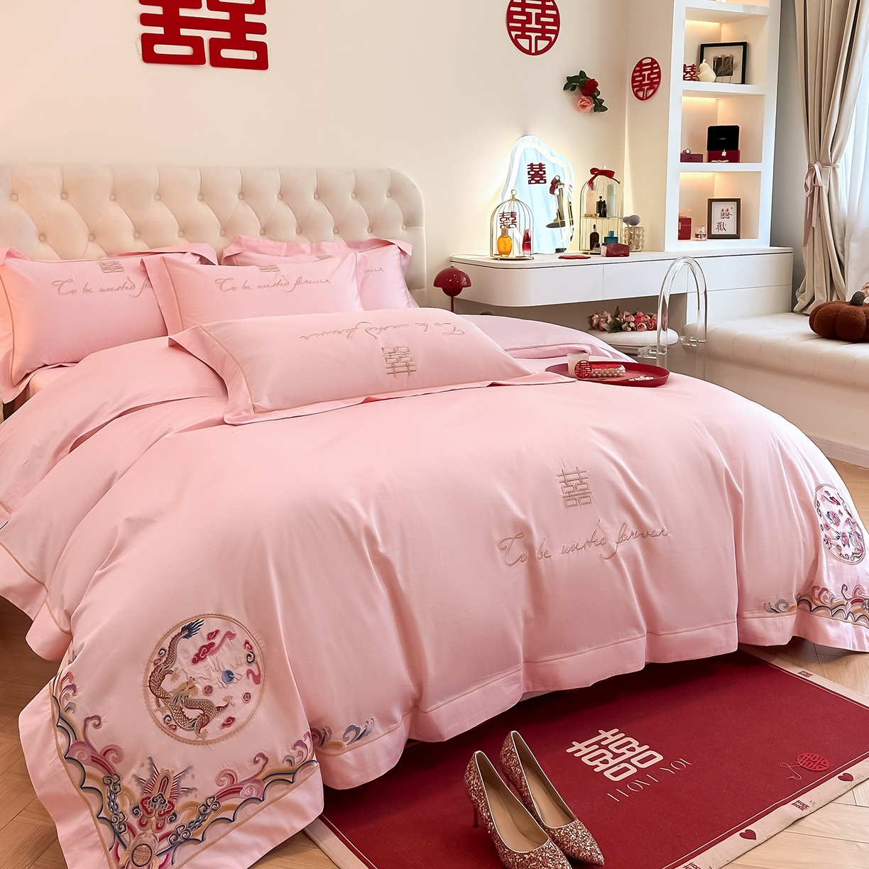 91家纺网 家纺一手货源 找家纺 置顶家纺 2025新款亲肤刺绣婚庆磨毛四件套 龙凤呈祥-粉