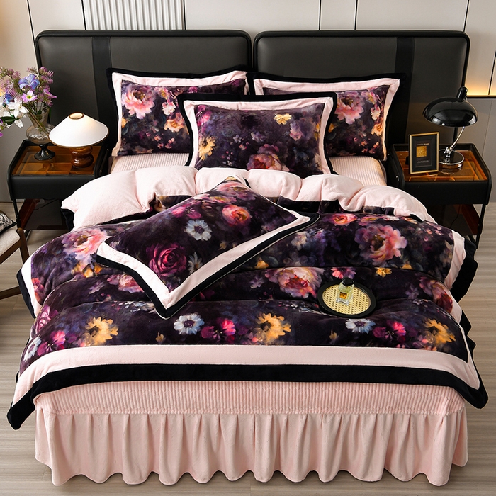 91家纺网 家纺一手货源 找家纺 （总）馨梦缘 2025新款牛奶绒数码印花四件套,百花齐放-粉,百花齐放-桔,玫瑰时光-粉,玫瑰时光-紫,秘境-紫