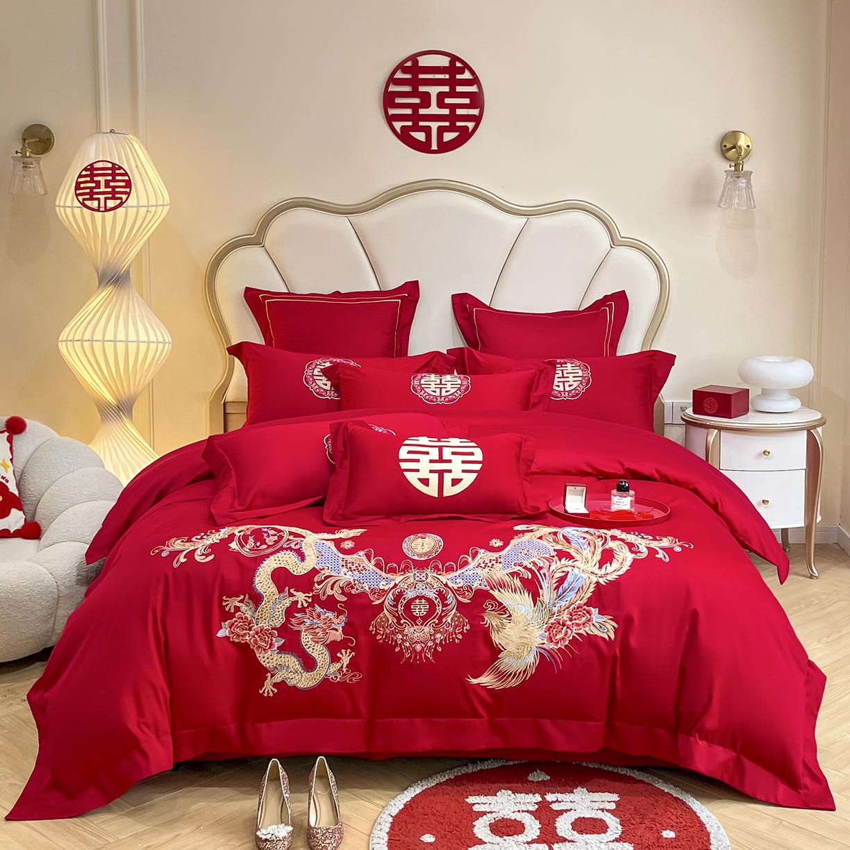 91家纺网 家纺一手货源 找家纺 置顶家纺 2025新款亲肤刺绣婚庆磨毛四件套 龙凤喜至-大红