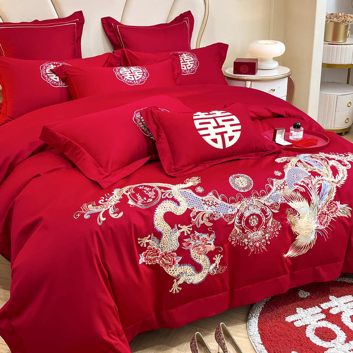 91家纺网 家纺一手货源 找家纺 置顶家纺 2025新款亲肤刺绣婚庆磨毛四件套 龙凤喜至-大红