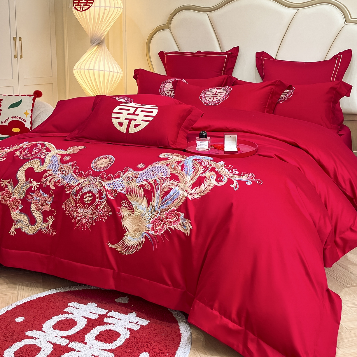 91家纺网 家纺一手货源 找家纺 置顶家纺 2025新款亲肤刺绣婚庆磨毛四件套 龙凤喜至-大红