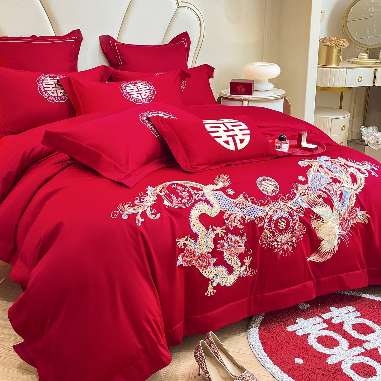 91家纺网 家纺一手货源 找家纺 置顶家纺 2025新款亲肤刺绣婚庆磨毛四件套 龙凤喜至-大红