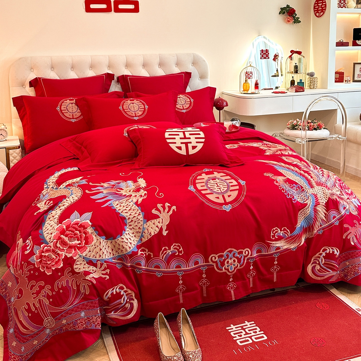 91家纺网 家纺一手货源 找家纺 置顶家纺 2025新款亲肤刺绣婚庆磨毛四件套 龙腾凤悦-大红