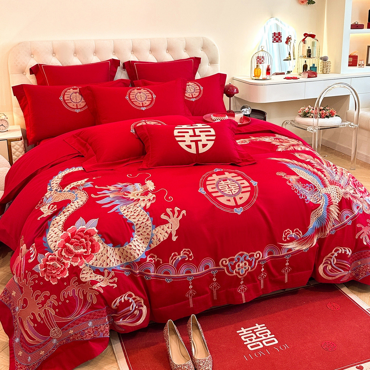 91家纺网 家纺一手货源 找家纺 置顶家纺 2025新款亲肤刺绣婚庆磨毛四件套 龙腾凤悦-大红
