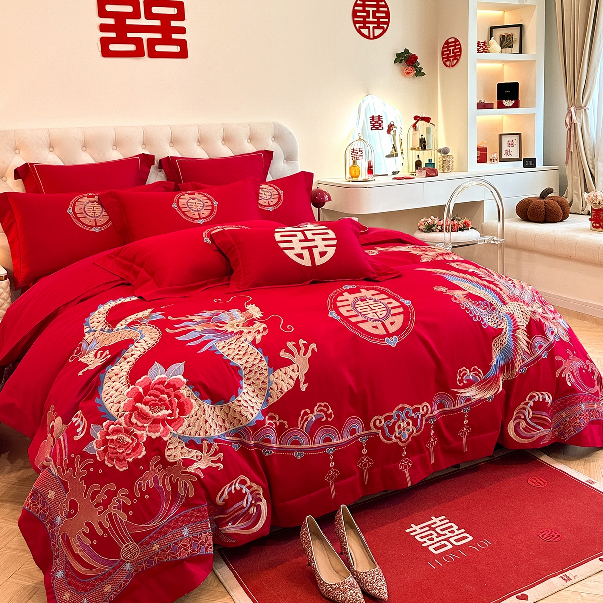 91家纺网 家纺一手货源 找家纺 置顶家纺 2025新款亲肤刺绣婚庆磨毛四件套 龙腾凤悦-大红