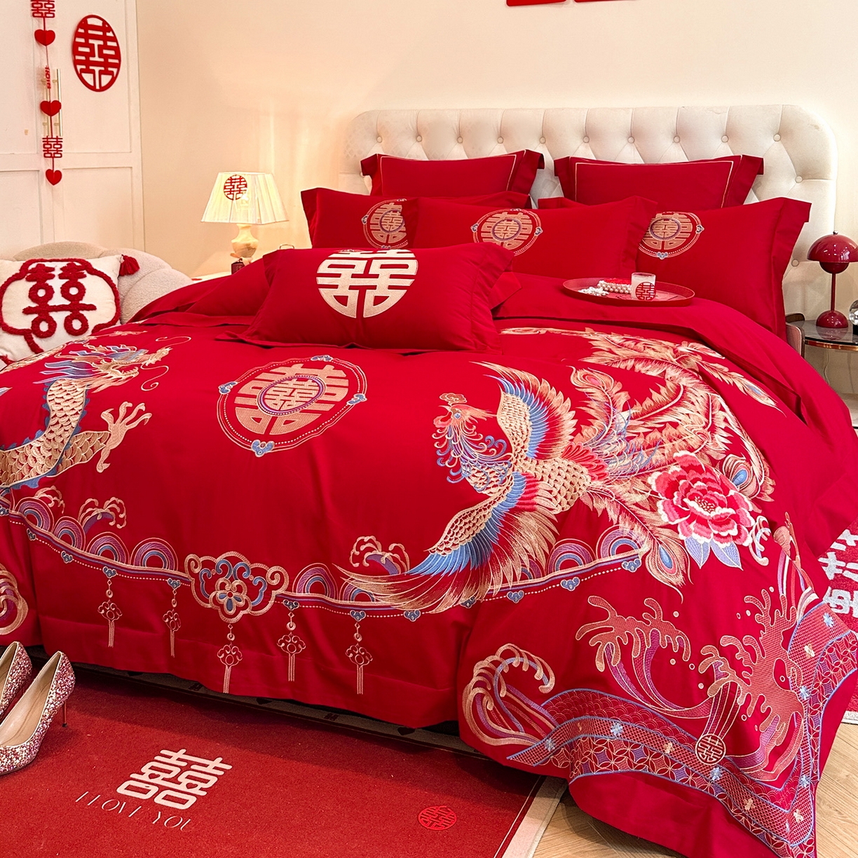 91家纺网 家纺一手货源 找家纺 置顶家纺 2025新款亲肤刺绣婚庆磨毛四件套 龙腾凤悦-大红