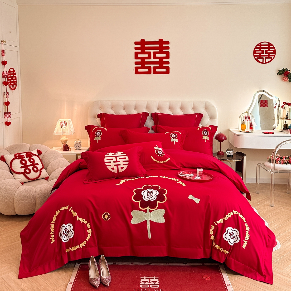91家纺网 家纺一手货源 找家纺 置顶家纺 2025新款亲肤刺绣婚庆磨毛四件套 美合-大红