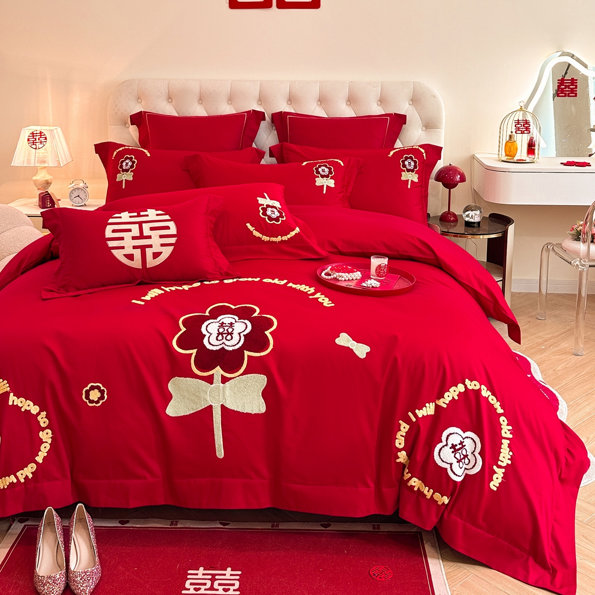 91家纺网 家纺一手货源 找家纺 置顶家纺 2025新款亲肤刺绣婚庆磨毛四件套 美合-大红