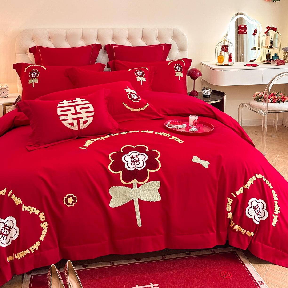 91家纺网 家纺一手货源 找家纺 置顶家纺 2025新款亲肤刺绣婚庆磨毛四件套 美合-大红