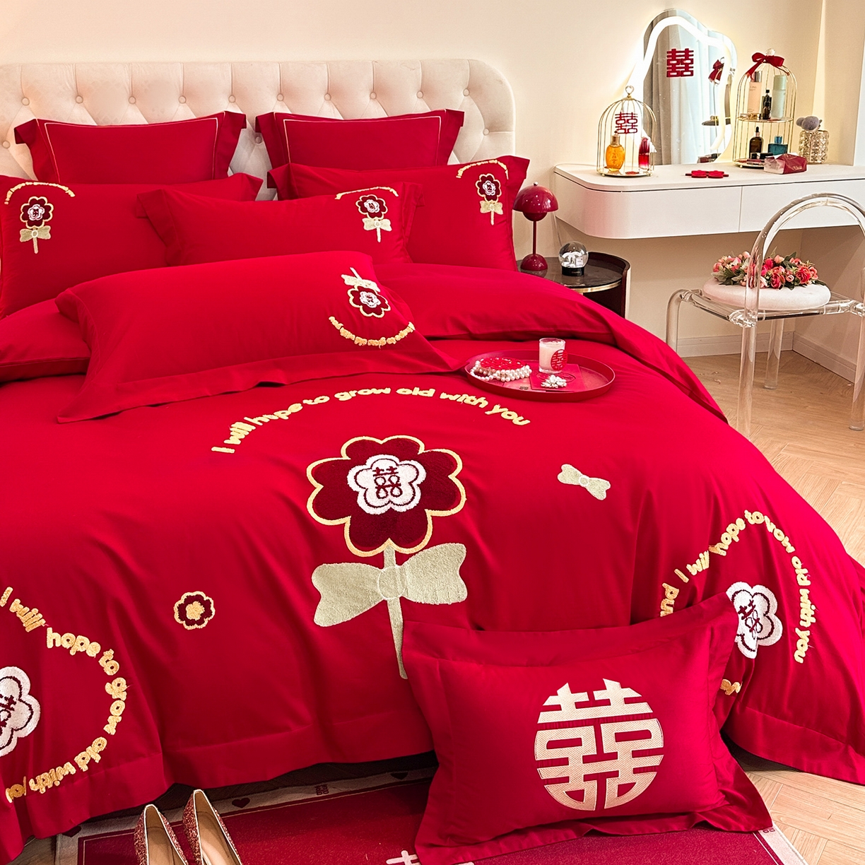 91家纺网 家纺一手货源 找家纺 置顶家纺 2025新款亲肤刺绣婚庆磨毛四件套 美合-大红