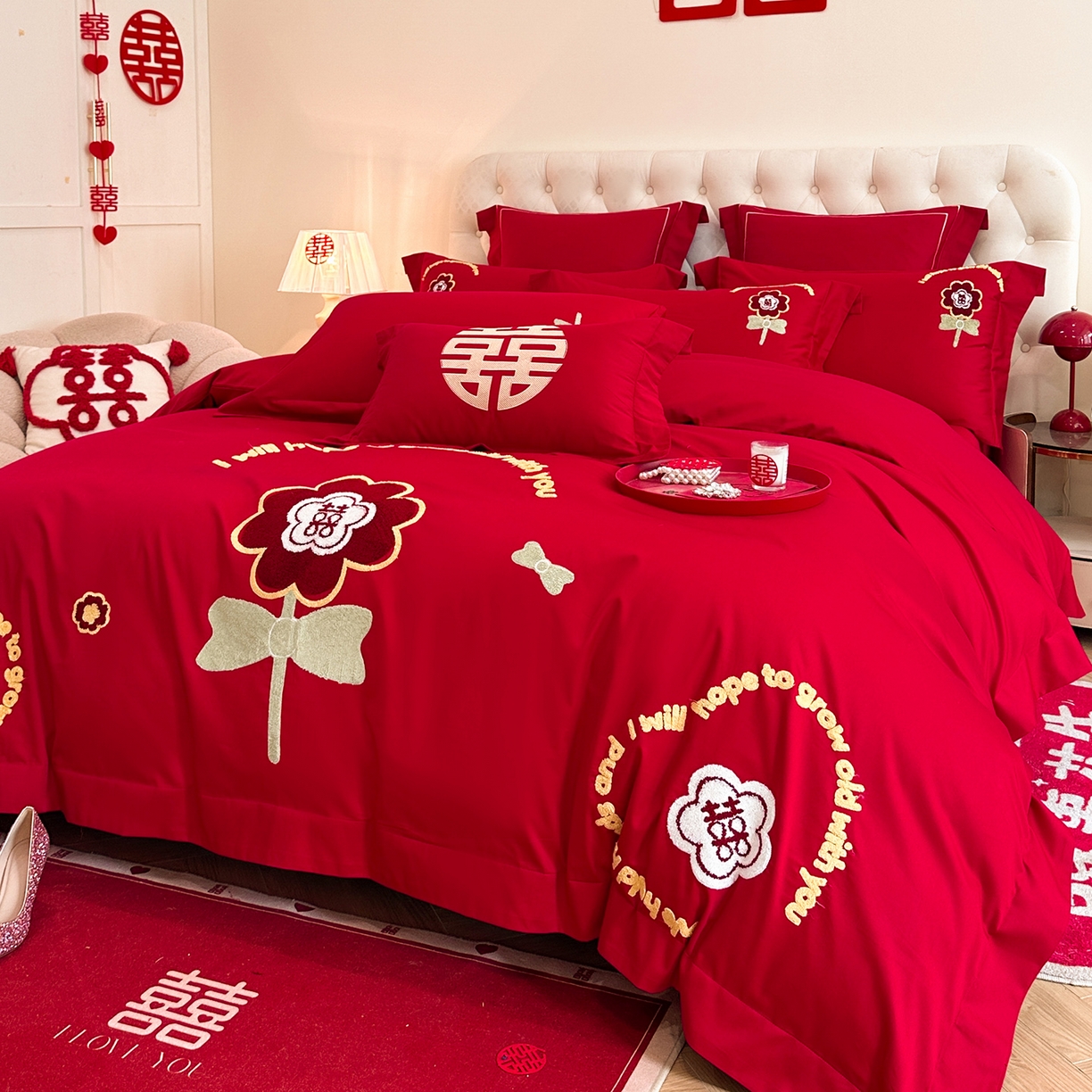 91家纺网 家纺一手货源 找家纺 置顶家纺 2025新款亲肤刺绣婚庆磨毛四件套 美合-大红