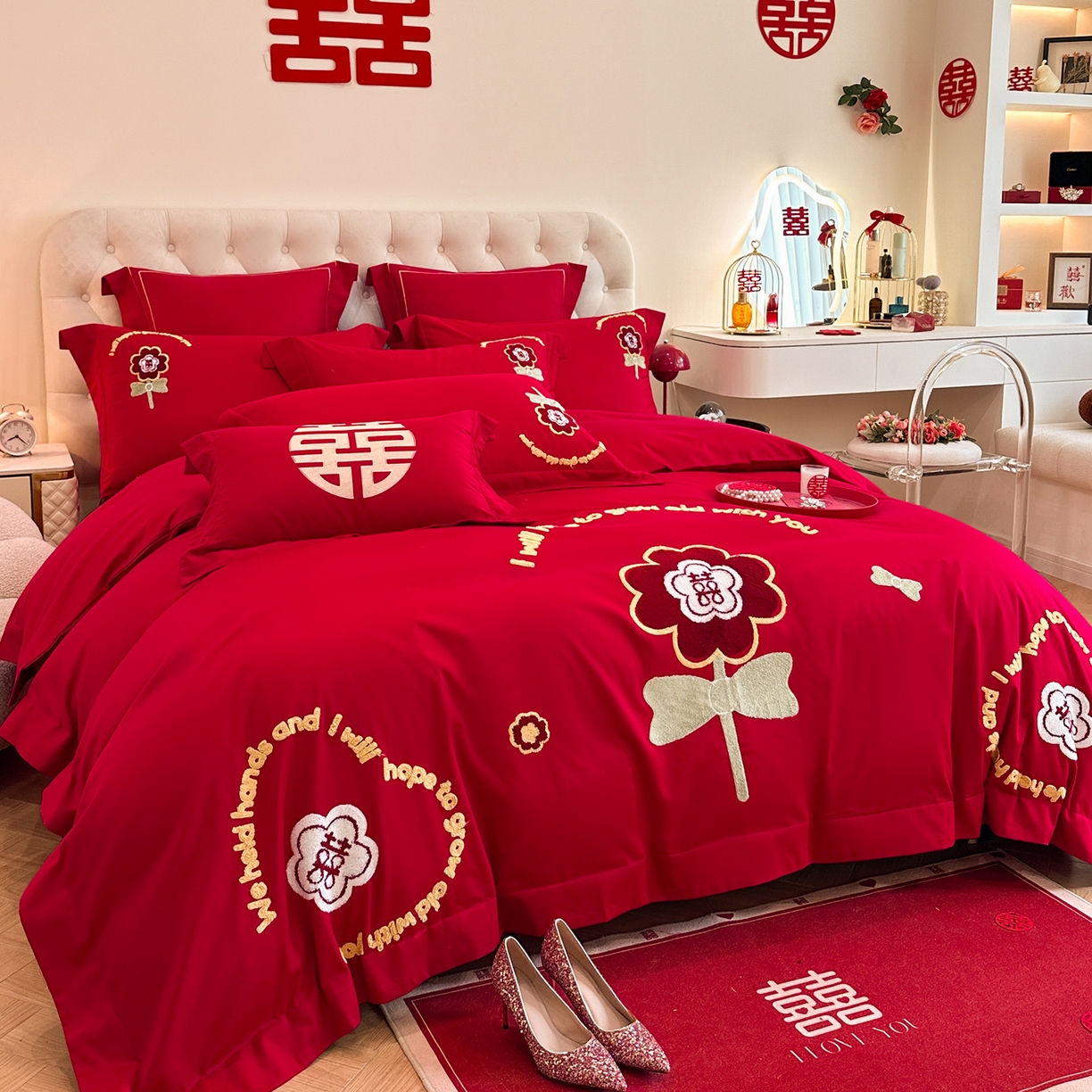 91家纺网 家纺一手货源 找家纺 置顶家纺 2025新款亲肤刺绣婚庆磨毛四件套 美合-大红