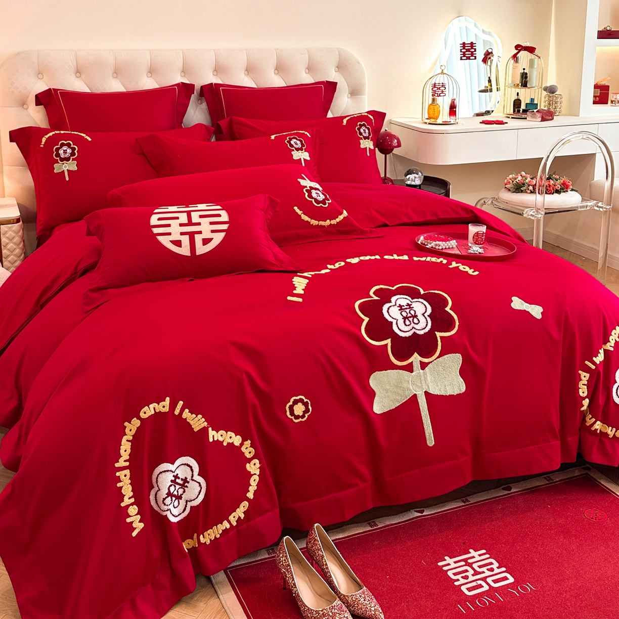 91家纺网 家纺一手货源 找家纺 置顶家纺 2025新款亲肤刺绣婚庆磨毛四件套 美合-大红