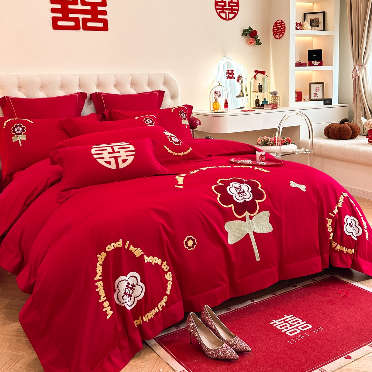 91家纺网 家纺一手货源 找家纺 置顶家纺 2025新款亲肤刺绣婚庆磨毛四件套 美合-大红