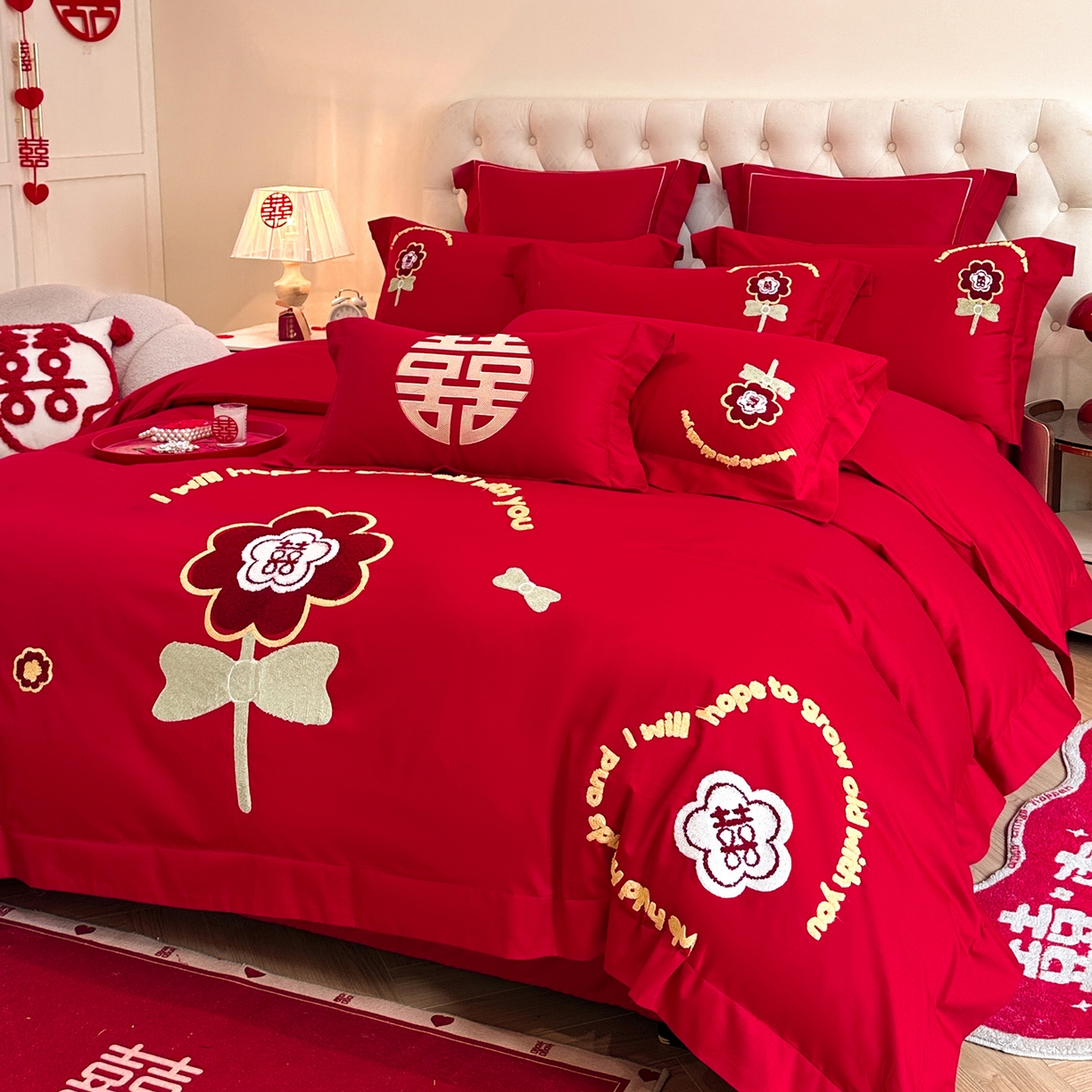 91家纺网 家纺一手货源 找家纺 置顶家纺 2025新款亲肤刺绣婚庆磨毛四件套 美合-大红