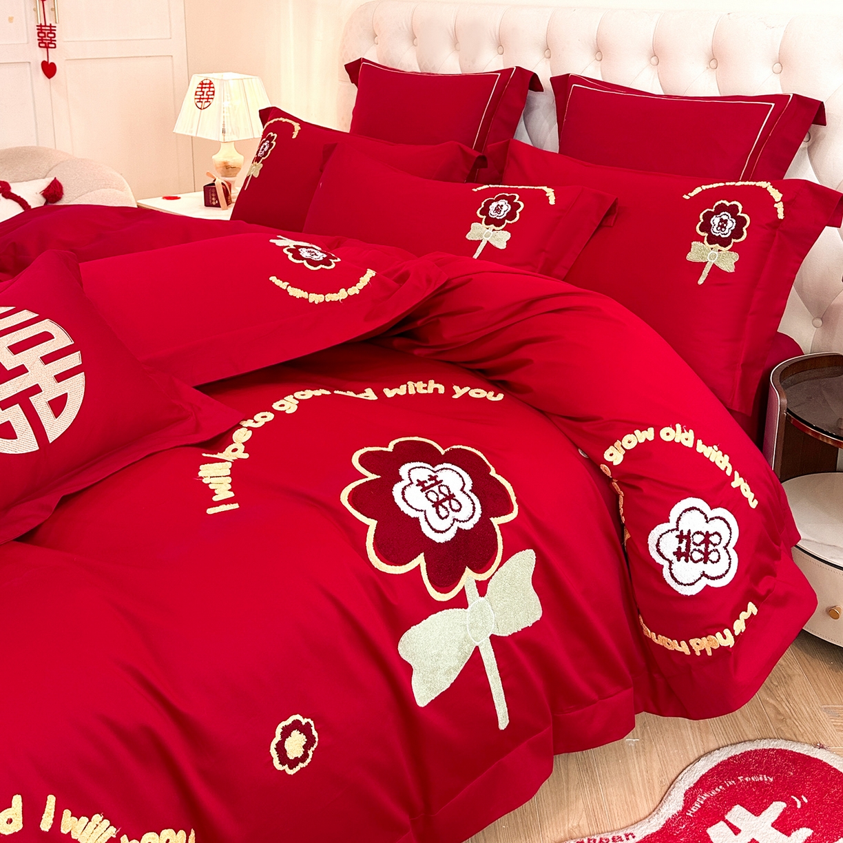 91家纺网 家纺一手货源 找家纺 置顶家纺 2025新款亲肤刺绣婚庆磨毛四件套 美合-大红