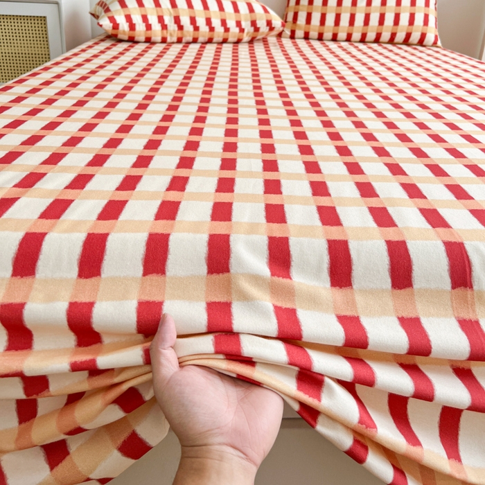 91家纺网 家纺一手货源 找家纺 感遇 2025新款全棉磨毛A类床单床笠三件套 红黄格