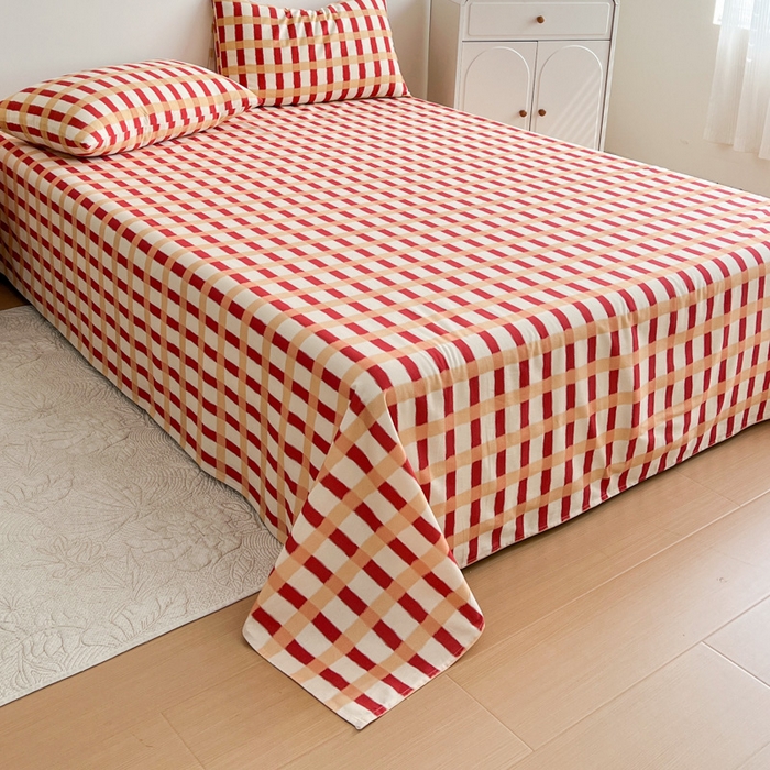 91家纺网 家纺一手货源 找家纺 感遇 2025新款全棉磨毛A类床单床笠三件套 红黄格