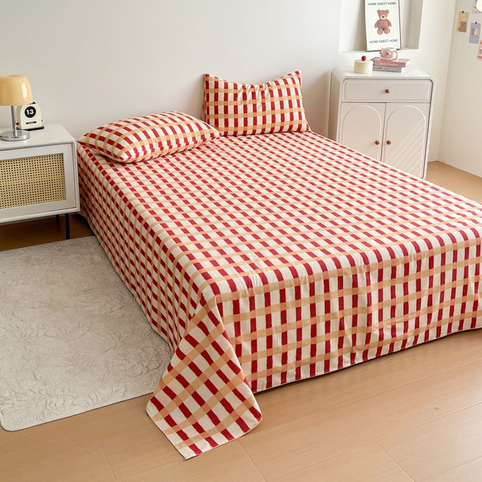 91家纺网 家纺一手货源 找家纺 感遇 2025新款全棉磨毛A类床单床笠三件套 红黄格