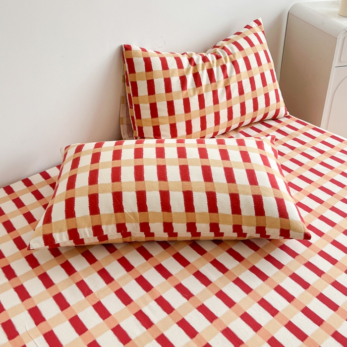 91家纺网 家纺一手货源 找家纺 感遇 2025新款全棉磨毛A类床单床笠三件套 红黄格