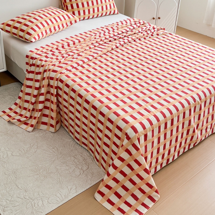 91家纺网 家纺一手货源 找家纺 感遇 2025新款全棉磨毛A类床单床笠三件套 红黄格