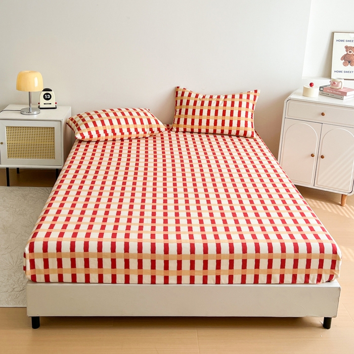 91家纺网 家纺一手货源 找家纺 感遇 2025新款全棉磨毛A类床单床笠三件套 红黄格