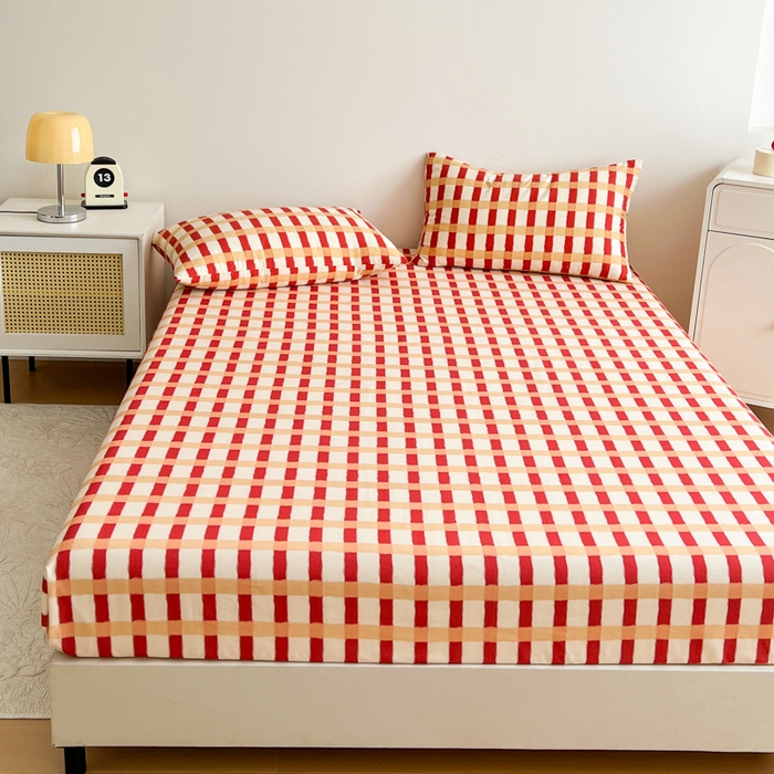 91家纺网 家纺一手货源 找家纺 感遇 2025新款全棉磨毛A类床单床笠三件套 红黄格