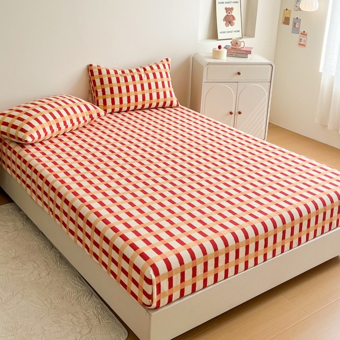 91家纺网 家纺一手货源 找家纺 感遇 2025新款全棉磨毛A类床单床笠三件套 红黄格