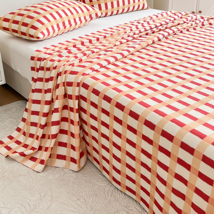 91家纺网 家纺一手货源 找家纺 感遇 2025新款全棉磨毛A类床单床笠三件套 红黄格