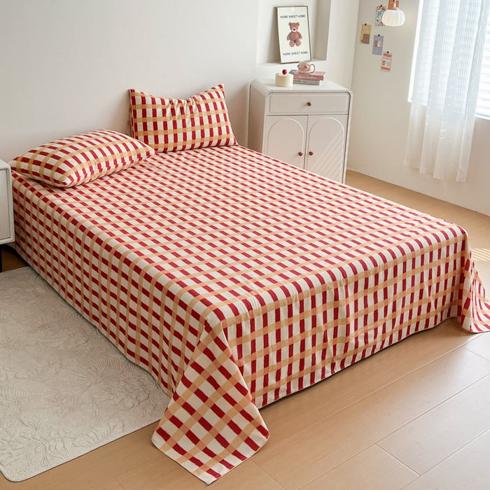 91家纺网 家纺一手货源 找家纺 感遇 2025新款全棉磨毛A类床单床笠三件套 红黄格