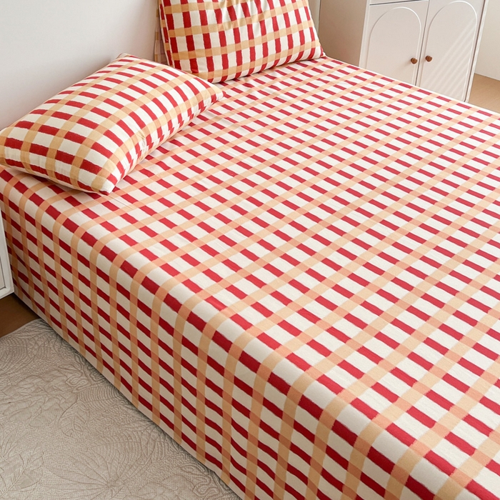 91家纺网 家纺一手货源 找家纺 感遇 2025新款全棉磨毛A类床单床笠三件套 红黄格