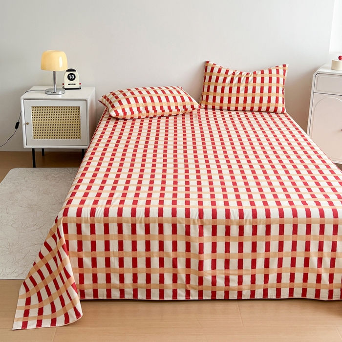 91家纺网 家纺一手货源 找家纺 感遇 2025新款全棉磨毛A类床单床笠三件套 红黄格