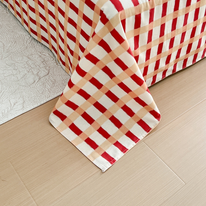 91家纺网 家纺一手货源 找家纺 感遇 2025新款全棉磨毛A类床单床笠三件套 红黄格