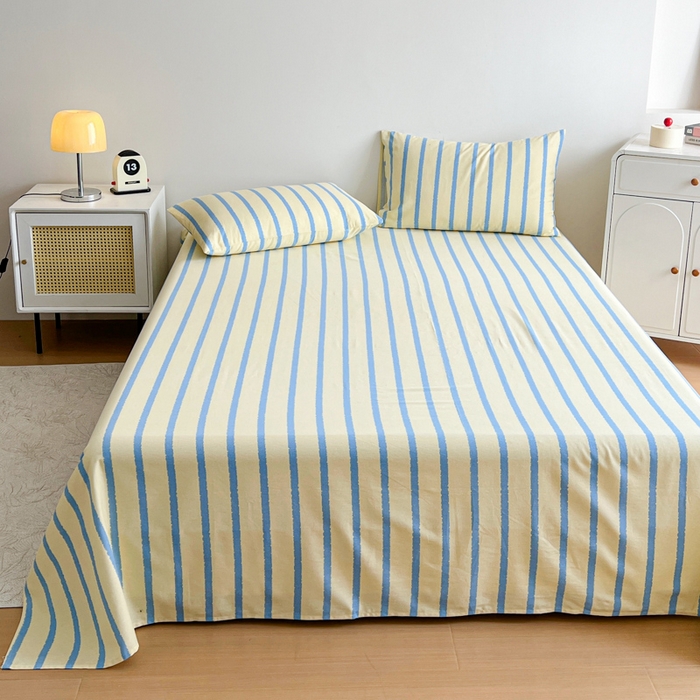 91家纺网 家纺一手货源 找家纺 感遇 2025新款全棉磨毛A类床单床笠三件套 黄蓝条纹