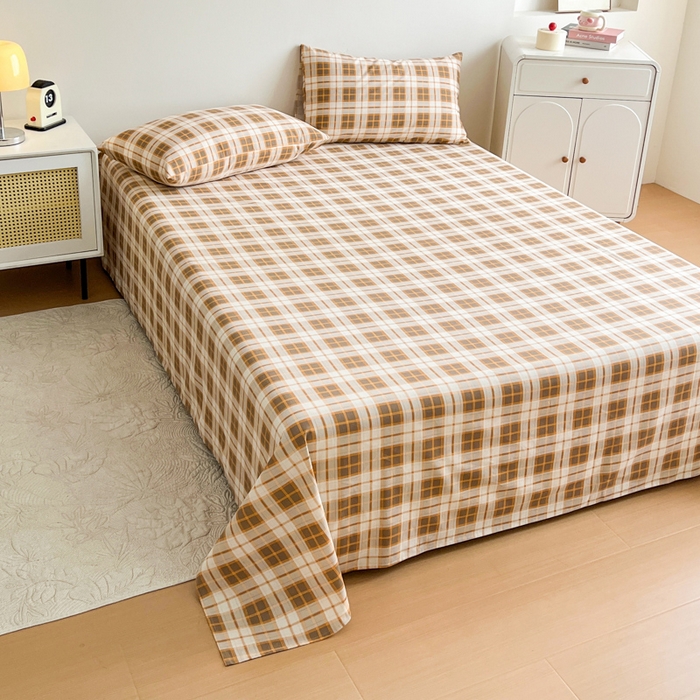 91家纺网 家纺一手货源 找家纺 感遇 2025新款全棉磨毛A类床单床笠三件套 咖格