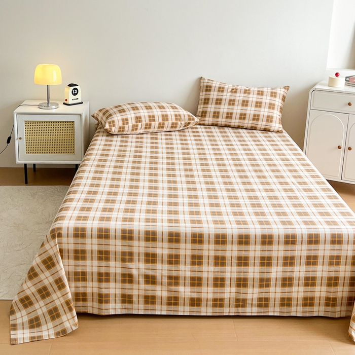 91家纺网 家纺一手货源 找家纺 感遇 2025新款全棉磨毛A类床单床笠三件套 咖格