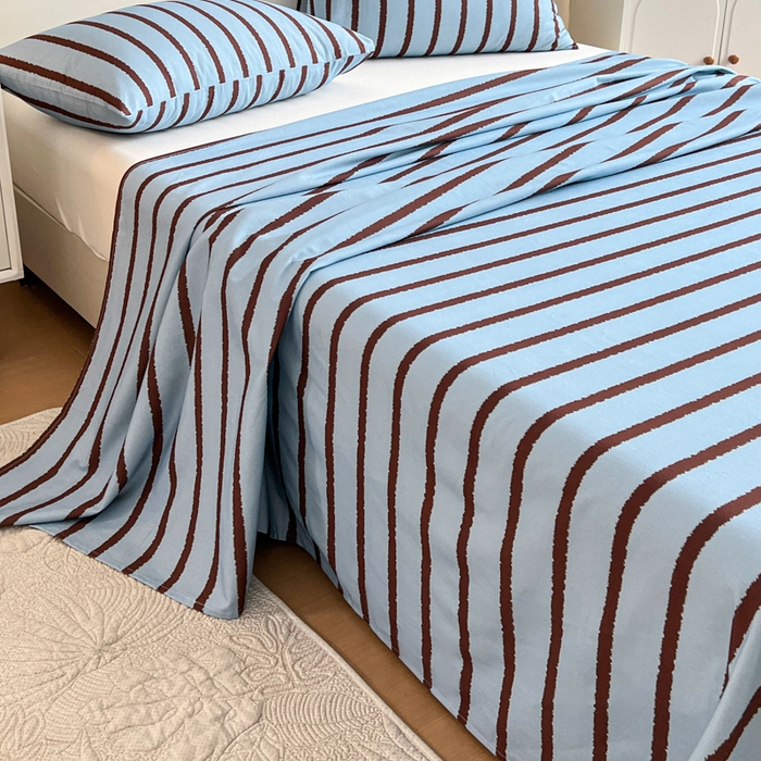 91家纺网 家纺一手货源 找家纺 感遇 2025新款全棉磨毛A类床单床笠三件套 咖蓝