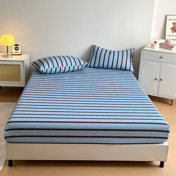 91家纺网 家纺一手货源 找家纺 感遇 2025新款全棉磨毛A类床单床笠三件套 咖蓝