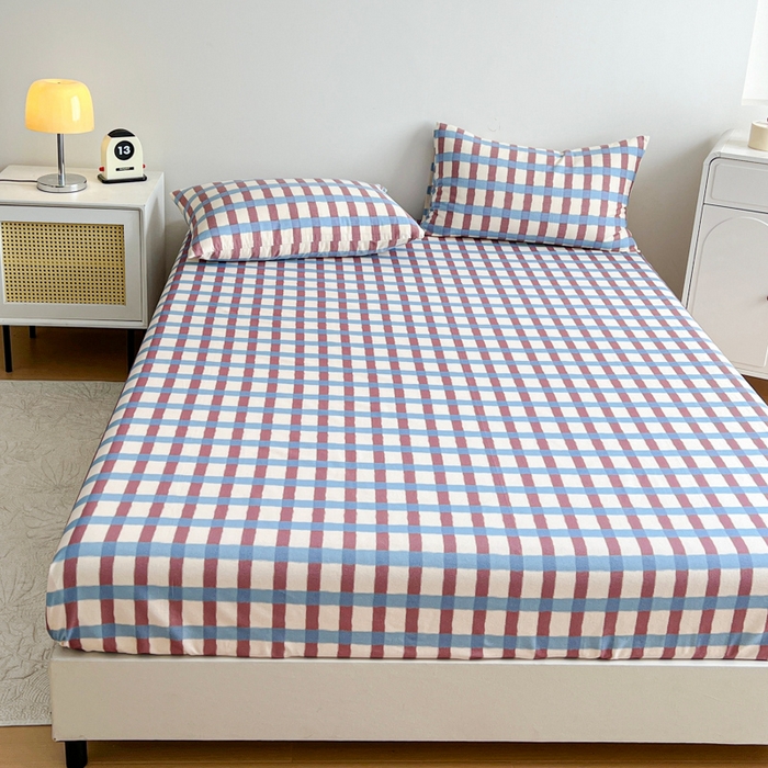 91家纺网 家纺一手货源 找家纺 感遇 2025新款全棉磨毛A类床单床笠三件套 蓝咖格