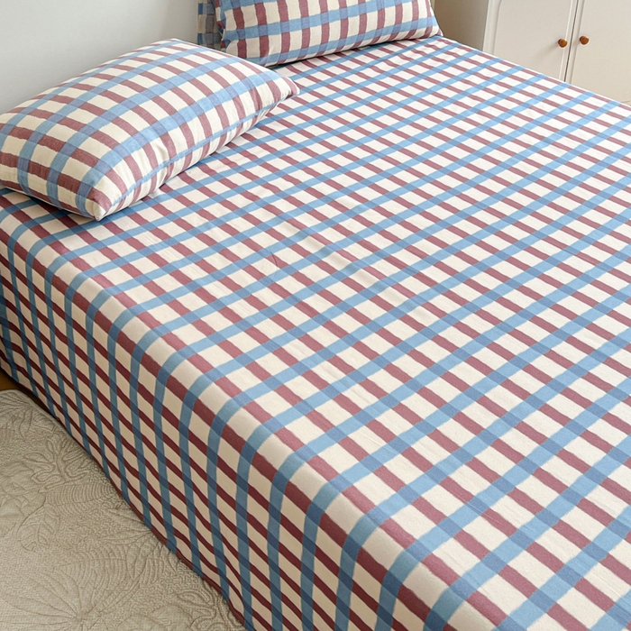 91家纺网 家纺一手货源 找家纺 感遇 2025新款全棉磨毛A类床单床笠三件套 蓝咖格