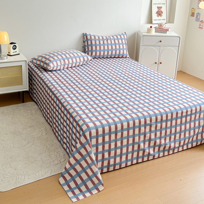 91家纺网 家纺一手货源 找家纺 感遇 2025新款全棉磨毛A类床单床笠三件套 蓝咖格